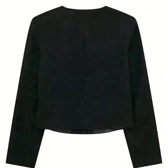 Black Elegant Women's Casual Tweed Jacket Decorated Long Sleeve Coat - Picture 8 of 8